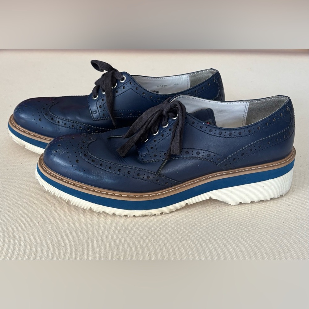 Prada Navy Blue Leather Wingtip Brogue Platform Sneakers 3E5400 Sz: 39.5 - Picture 4 of 11